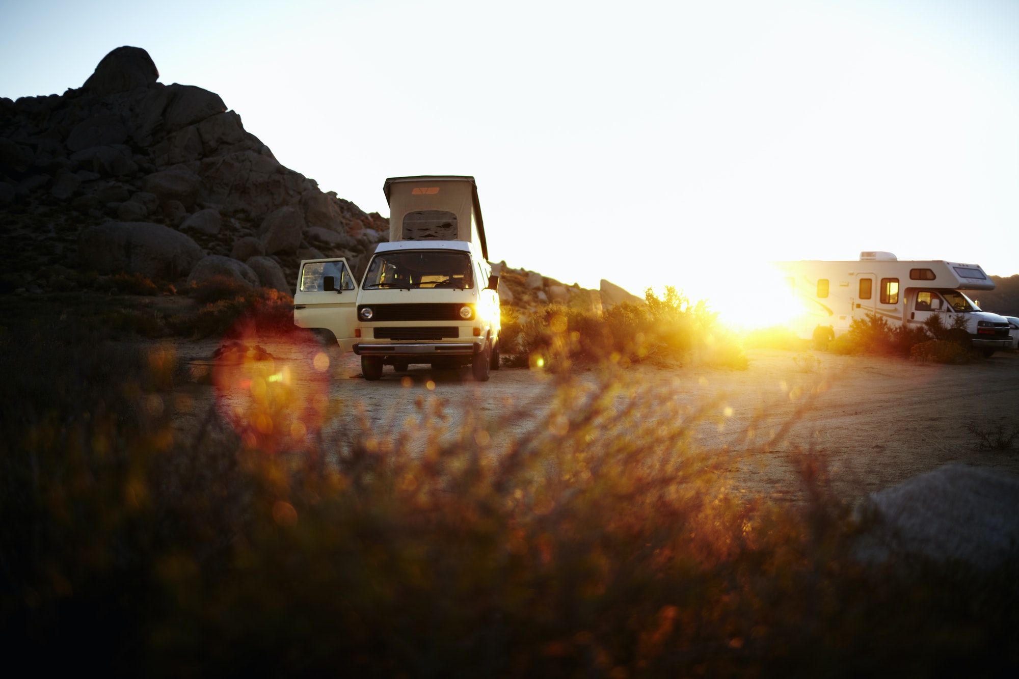 A camper van, a classic design, and an iconic travelling vehicle in Yosemite national park, at